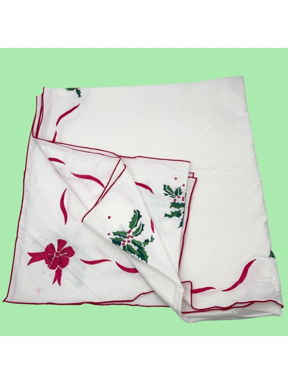 VINTAGE HAND PAINTED/MADE CHRISTMAS HOLLY RECTANGULAR TABLECLOTH - 114.75 X 57.5